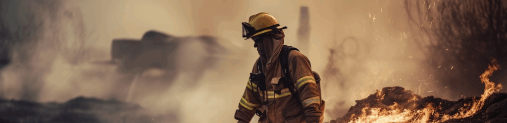 Firefighter in full gear amid smoky environment.